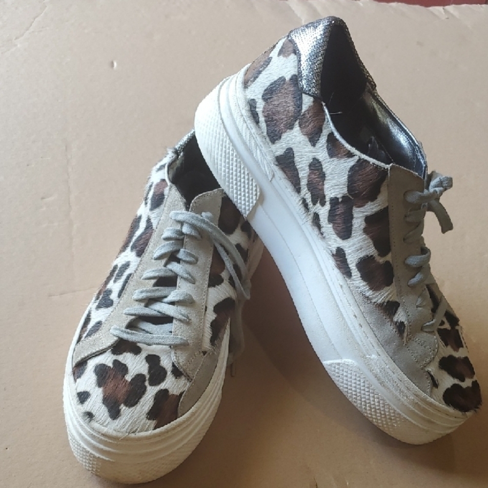 P448 Leopard Haircalf Platform Sneakers in Brown, White and Metallic